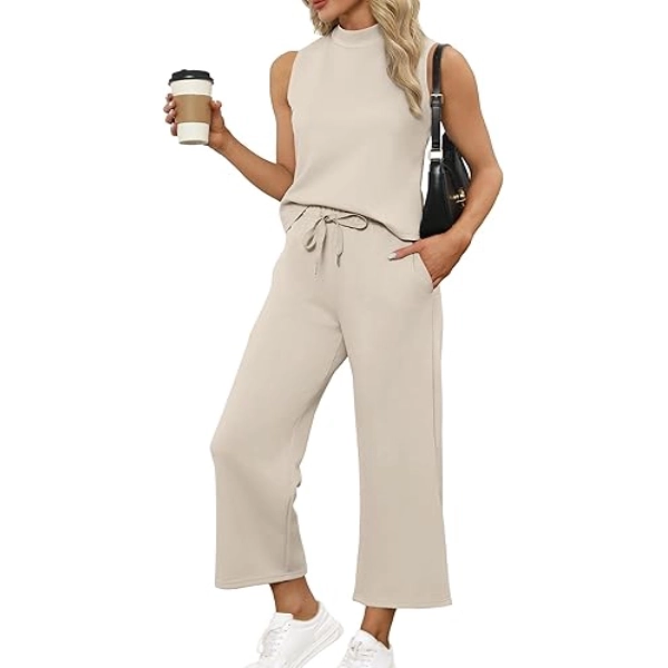 SAMPEEL Two Piece Sets for Women Summer Outfits Lounge Sets Mock Neck Tops Wide Leg Crop Pants Vacation Travel Outfits